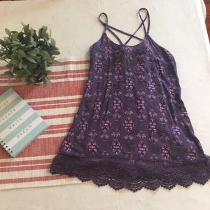 XS purple tank with tribal print and lace detail